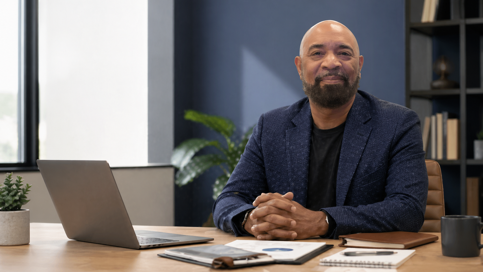 G. Everett Claybon, bald with a neatly trimmed dark beard touched with gray, smiling warmly in a navy blazer and black shirt while seated at a desk beside a laptop in a professional office.