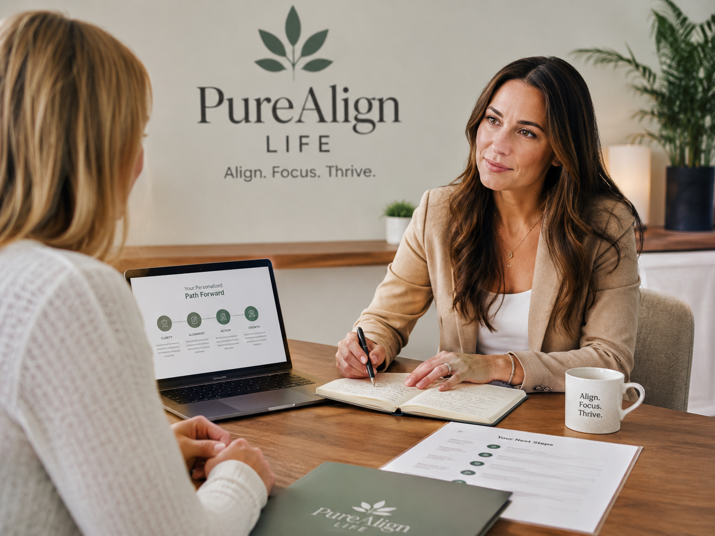A consultant listens attentively to a client during a one-on-one planning session with a laptop, notebook, and next-step materials.