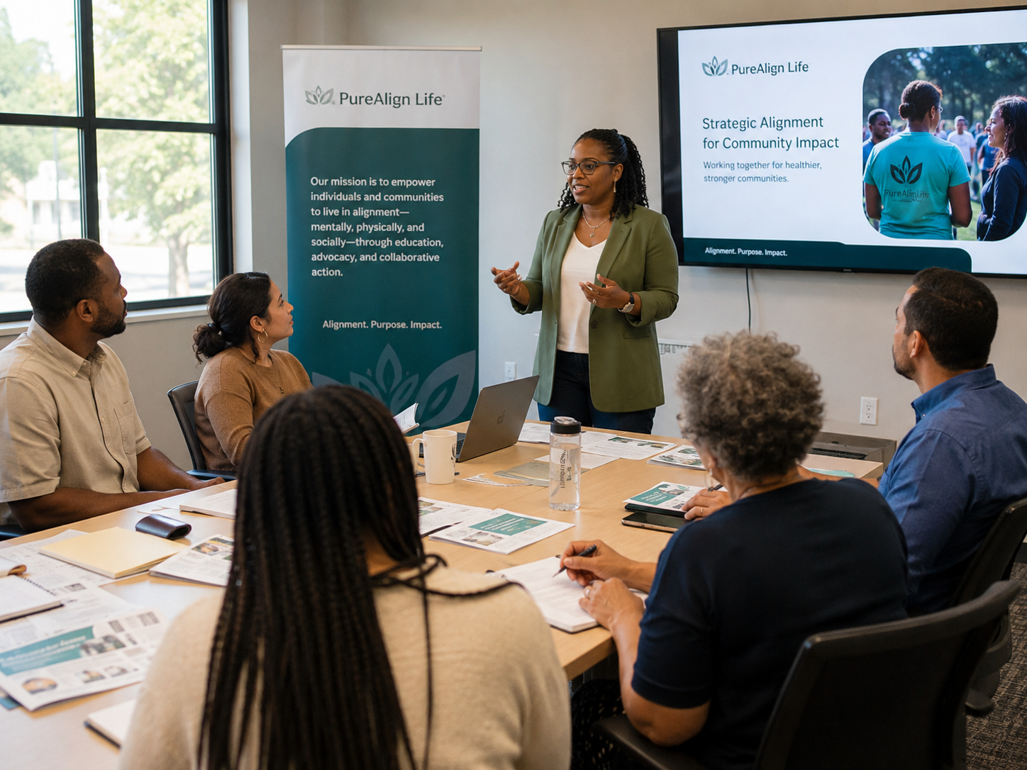 A facilitator leads an engaged group through a community strategy workshop with presentation materials, notebooks, and planning documents.