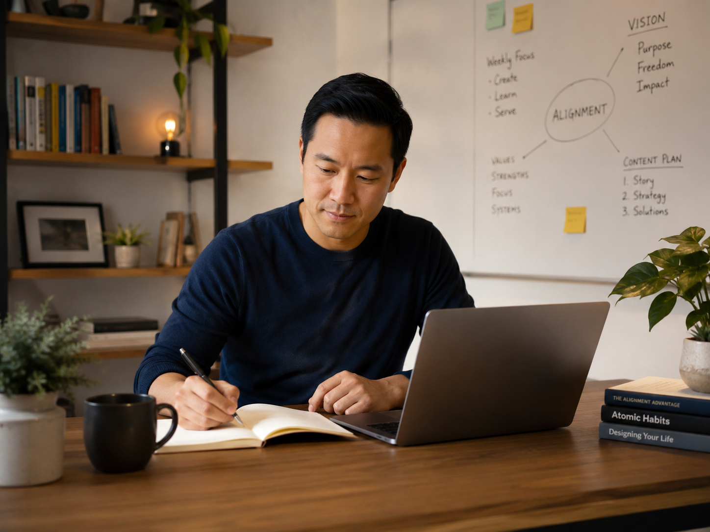 A professional works at a laptop while taking notes beside a strategy board focused on alignment, purpose, and creative planning.