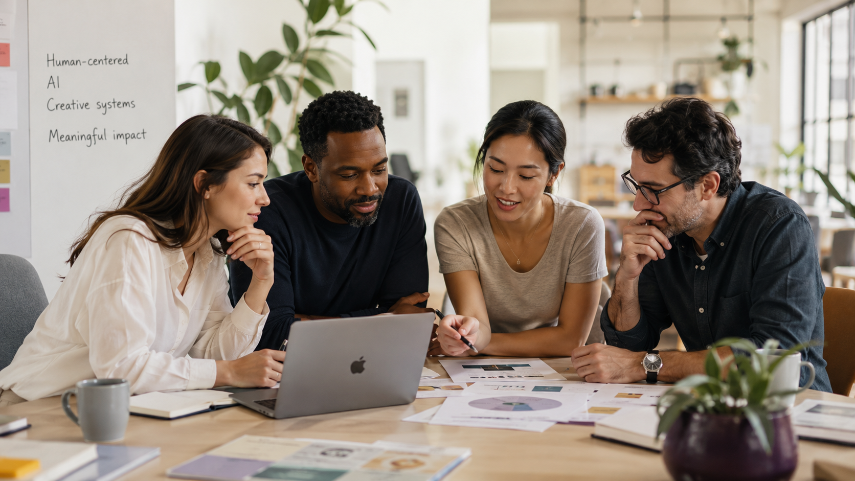 Four professionals collaborate around a laptop and printed planning materials in a bright modern workspace.